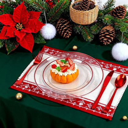 SUT 350 Pcs Red and Clear Plastic Dinnerware Set for 50 Guests, Include: 50 Dinner Plates, 50 Dessert Plates, 50 Pre Rolled Napkins With Silverware, 50 Cups, Disposable Plates for Party, Christmas