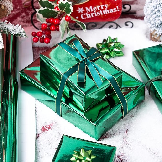 Merture Metallic Dark Green Wrapping Paper Roll - 17 In X 16.4 Ft(23.3 sq.ft.) with Grid Cutting Lines