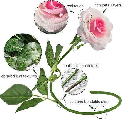 FiveSeasonStuff Fake Roses Wedding Flowers Real Touch Silk White & Pink Artificial Flowers 12 Stems