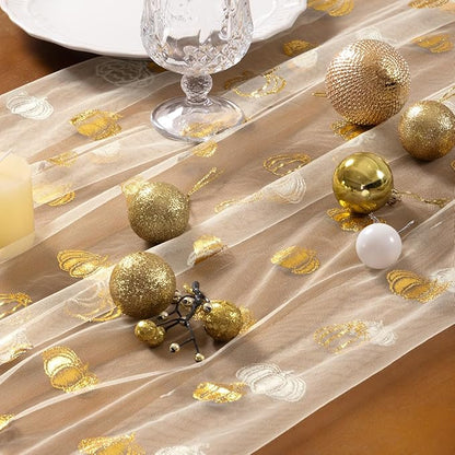 Socomi Gold Table Runner Fall Pumpkin Gauze Sheer Chiffon Cheesecloth Sequin 10FT Glitter Metallic Foil Dining Wedding Birthday Party Baby Shower Holiday Centerpiece Table Decor Beige