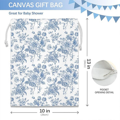 DSHFG Light Blue Chinoiserie Toile Floral Birthday Drawstring Gift Wrap Bags, Chinoiserie Baby Shower Drawstring Gift Bags Canvas, Blue and White Small Happy Birthday Bag, Gifts for Women, 10x13 Inch