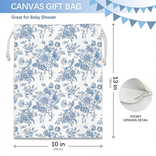 DSHFG Light Blue Chinoiserie Toile Floral Birthday Drawstring Gift Wrap Bags, Chinoiserie Baby Shower Drawstring Gift Bags Canvas, Blue and White Small Happy Birthday Bag, Gifts for Women, 10x13 Inch
