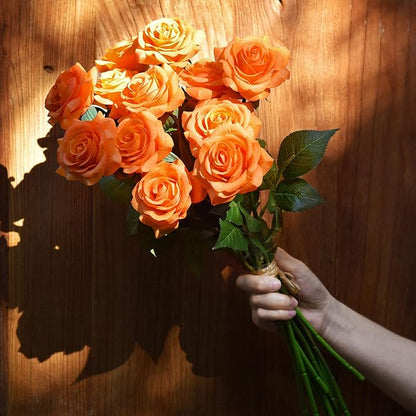 FiveSeasonStuff Silk Roses Artificial Flowers for Decoration, Home Decor Centerpiece for Tables, Wedding Bridal Bouquet of Flowers Real Touch Roses 12 Stems (Orange)