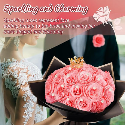 BonBloom's Glitter Roses Bouquet, 25 Artificial Flowers Glowing, DIY Fake Glitter Flowers Bouquet with Stem for Wedding Bouquets Anniversary Engagement Valentine's Day Birthday (Pink)