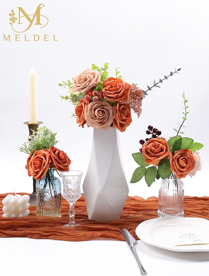 Meldel Artificial Flowers 50pcs Real Looking Burnt Orange Foam Fake Roses with Stems for DIY Wedding Bouquets Bridal Shower Centerpieces Floral Arrangements Home Decorations Crafts