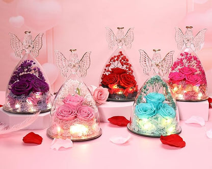 Christmas Rose Gifts for Women Preserved Real Flower in Glass Angel Figurines Roses for Delivery Prime Birthday Gifts for Mom Grandma Girlfriend Wife Her, Full Purple