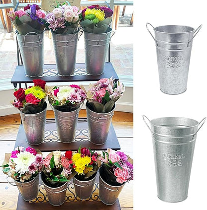 6 Packs 8 & 10 Inch Tall Galvanized Metal Flower Vases with Handles, Metal Flower Buckets for Cut Flowers, Country Wedding, Table Centerpiece Decorations(Sliver)