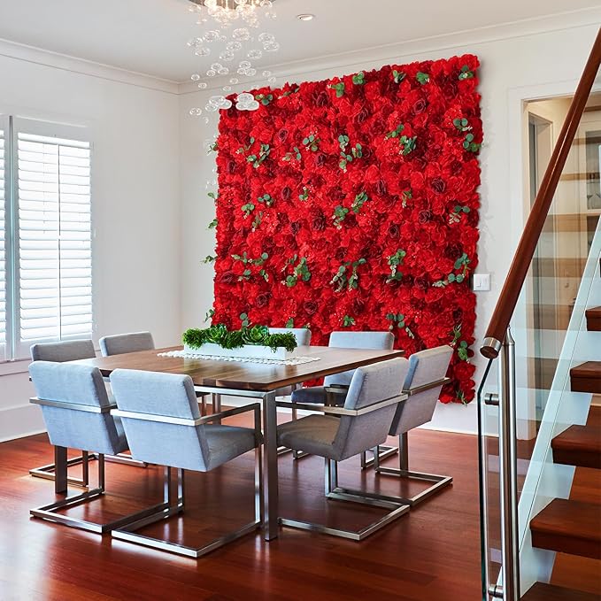 Artificial Flower Panels for Wall Backdrop 12Pack- 3D Floral Mat Silk Rose Hydrangea for Home Party Wedding Birthday Photo Background, Festival & Event Wall Décor（15 * 15 * 6.7inches, Dark Red）