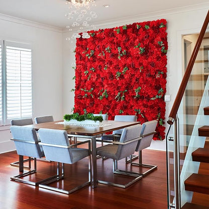 Artificial Flower Panels for Wall Backdrop 12Pack- 3D Floral Mat Silk Rose Hydrangea for Home Party Wedding Birthday Photo Background, Festival & Event Wall Décor（15 * 15 * 6.7inches, Dark Red）