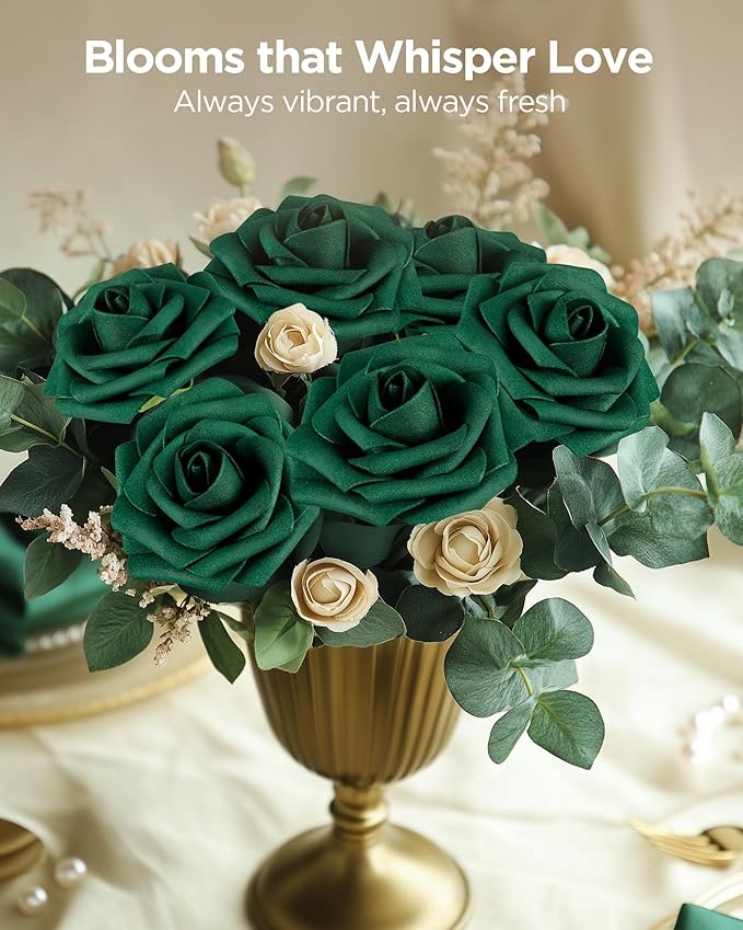 InnoGear Artificial Flowers, 50 Pcs Hunt Green Foam Fake Roses Bulk with Stems for Decoration DIY Wedding Bouquets Centerpieces Bridal Shower Party Valentines Christmas Tree