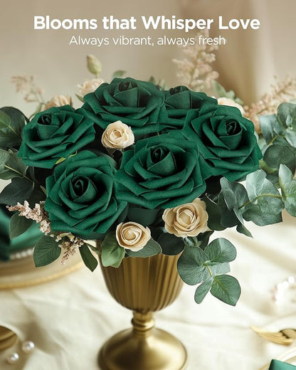 InnoGear Artificial Flowers, 50 Pcs Hunt Green Foam Fake Roses Bulk with Stems for Decoration DIY Wedding Bouquets Centerpieces Bridal Shower Party Valentines Christmas Tree