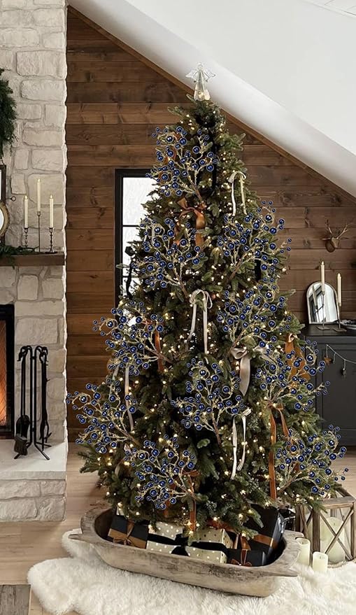 Hollyone 4 Pack Artificial Christmas Glitter Berries Stems, 19 Inch Fake Blue Holly Berry Picks with Ice Snow for Christmas Tree Wreath Floral Arrangements Holiday Home Vase DIY Crafts Decor