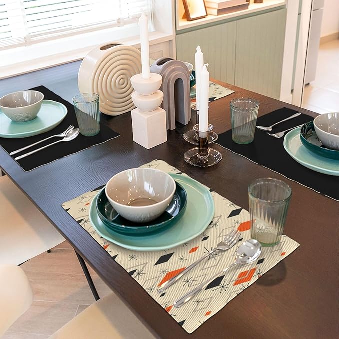 Mid Century Modern Placemats Set of 4,Kitchen Table Mats for Dining Outdoor Home Decor 12x18 Retro Place Mats 4 PCS, Style-16