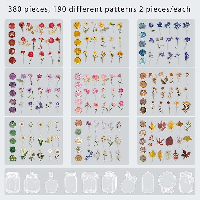 380 Pcs Pressed Flower Sticker Set Dried Flowers Themed Resin Journaling Stickers Floral Natural Botanical Fallen Leaves Decals for Scrapbook Supplies Bullet Junk Journal Bottles Planner Laptops