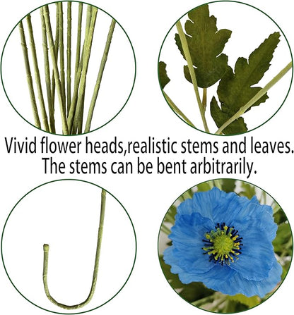 ATFL Blue Poppy Flowers Artificial for Wedding Decorations,12 Pcs Fake Faux Silk Poppies Bulk for Home Decor Table Centerpieces Floral Arrangement(23.5‘’, Blue)