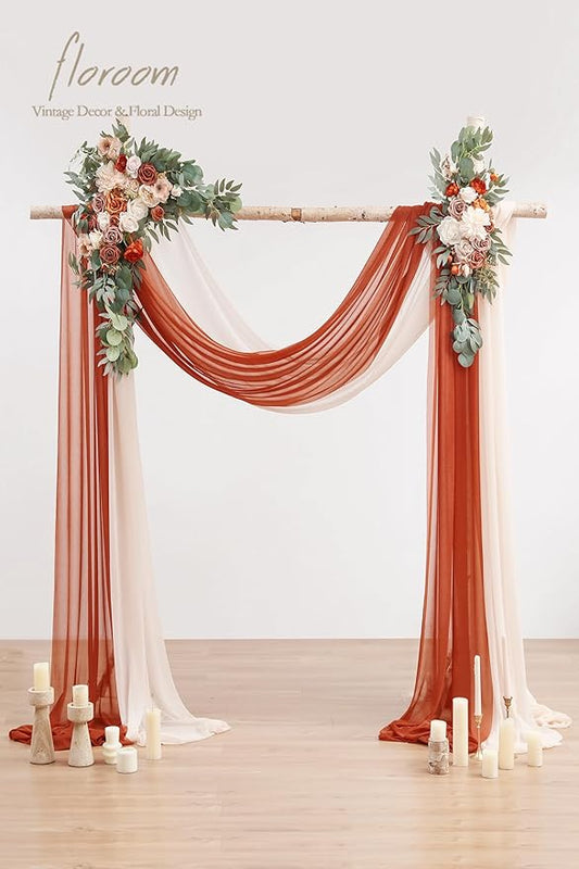 Floroom Arch Flowers with Drapes Kit (Pack of 4) - 2pcs Artificial Terracotta & Cream Floral Swag Arrangement with 2pcs Draping Fabric for Wedding Ceremony Arbor and Reception Backdrop Decoration