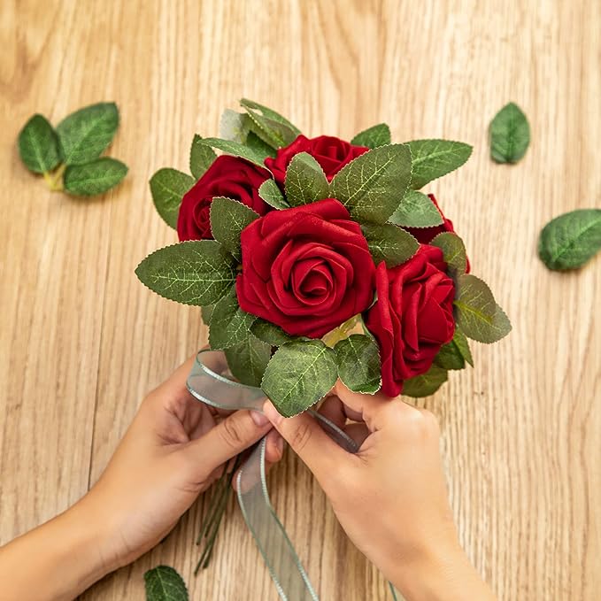 Red Artificial Flower Silk Rose 50pcs Fake Rose with Stems Leaves for Home Decoration Party Garden Centerpieces DIY Wedding Bouquets（Dark Red）