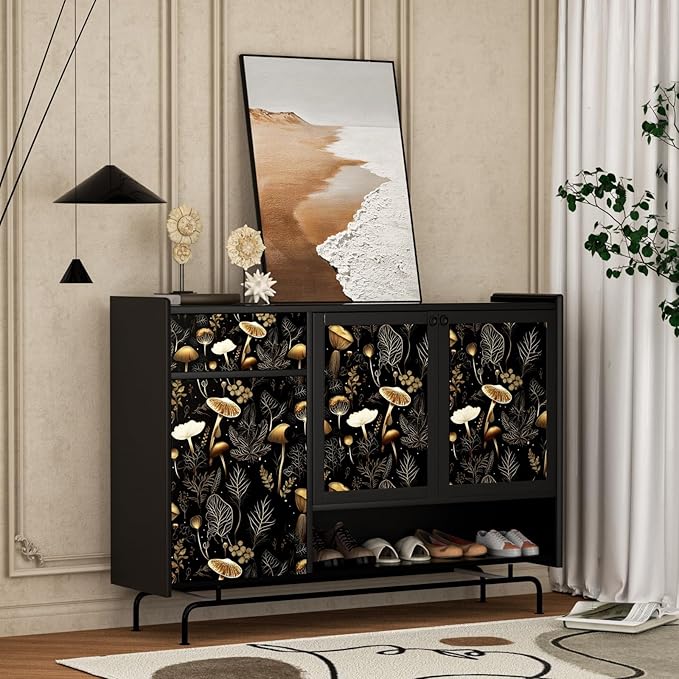 Boho Wallpaper Peel and Stick Dark Floral Contact Paper 17.5" x 118" Vinyl Self Adhesive Vintage Mushrooms Wall Mural Leaf Wall Paper for Room Countertop Drawer Decor(Golden,Black)