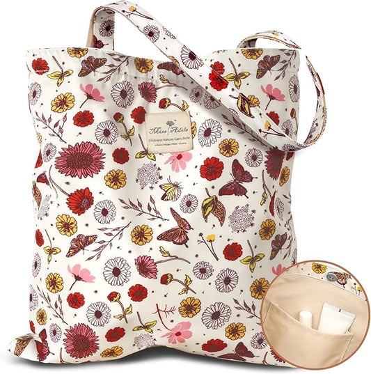 Aesthetic Cotton Tote Bag for Women - Reusable Shoulder Bag with Buckle Fabric Bag for Gym, Travel, Work