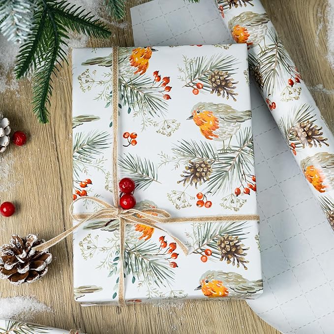 MAYPLUSS Christmas Wrapping Paper Roll - 17 In x 33 Feet - Cute Watercolor Bird Pinecone Gift Wrap Paper for New Year, Holiday, Kids