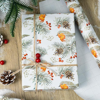 MAYPLUSS Christmas Wrapping Paper Roll - 17 In x 33 Feet - Cute Watercolor Bird Pinecone Gift Wrap Paper for New Year, Holiday, Kids