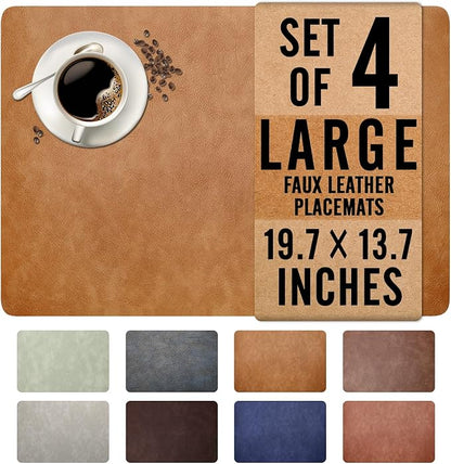 UnivoColors Washed Cowhide Pattern Faux Leather Big Size Placemats Set of 4, Waterproof Easy to Clean Anti-Slip PU Table Mats for Party Decoration19.7″×13.6″,Camel Retro Cowhide Pattern