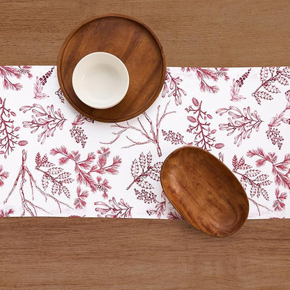 Solino Home 100% Pure Linen Christmas Table Runner 120 Inches Long - Red/White Table Runner 14 x 120 Inch - Handcrafted and Machine Washable - Winter Forest Print