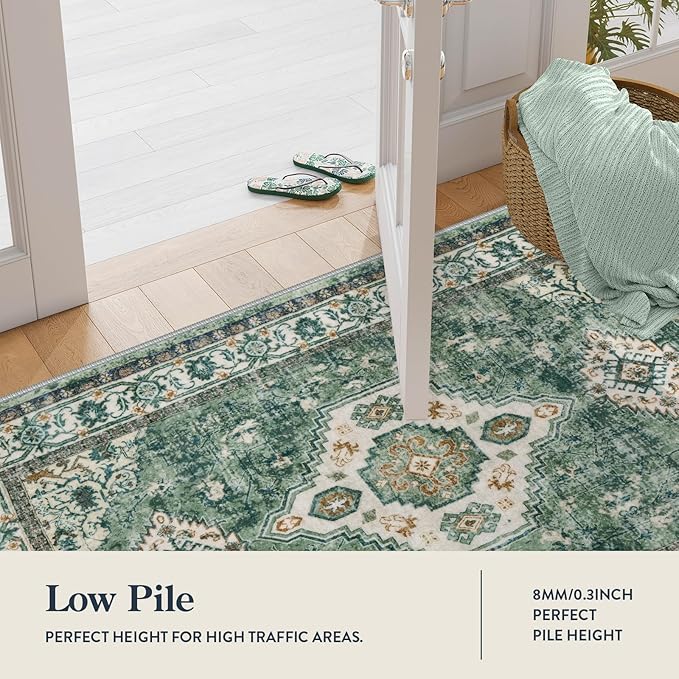 Lahome Oriental Hallway Runner Rug, 2.5x8 Kitchen Runner Non Slip Ultra-Thin, Soft Washable Hallway Rug Non Shedding Long Carpet for Entryway ‎Laundry Room Bathroom, Green/Multi