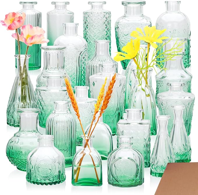 Brajttt Bud Vase Set of 25, Green Vases, Glass Bud Vases in Bulk, Small Vases for Mini Flower Vase Set, Cute Vintage Glass Vases Set for Flower,Wedding,Home,Centerpiece Table Decorations