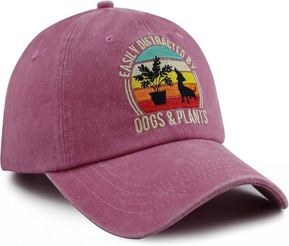 Easily Distracted by Dogs and Plants Hats, Adjustable Plant and Dog Decor Embroidered Baseball Cap for Men Women