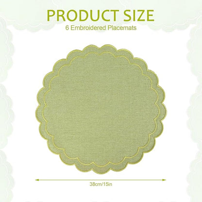 Set of 6 Cotton Linen Placemats, 15" Scalloped Flower Embroidery Cloth Table Mats Double Layered Fabric Machine Washable Wrinkle Free Dining Placemat for Hotel Restaurant Kitchen, Green