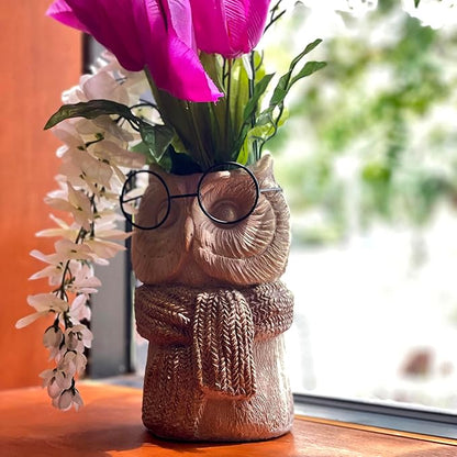 Bespectacled Owl Cement Vase 8.25 Inch – Whimsical Animal Planter with Real Glasses, Knit Textured Scarf, and Gold Metallic Accents, Distressed Taupe Finish, Unique Indoor Decor Gift