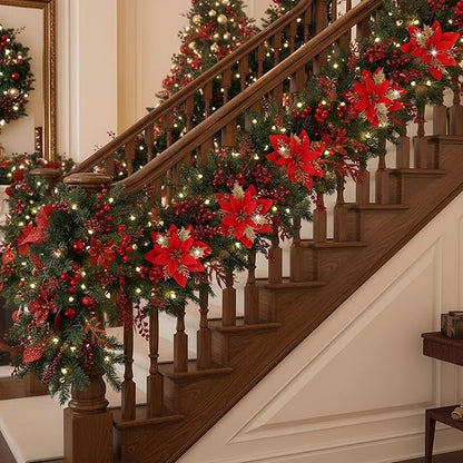 60 Pcs Christmas Glitter Branches 6 Styles Artificial Christmas Picks Berries Stems Poinsettia Flowers Pine Needles Floral Twig Spray for Xmas Tree Ornaments DIY Wreath Garland(Red)