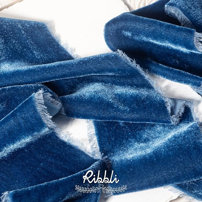 Ribbli Ocean Blue Velvet Ribbon 3 Inch Handmade Frayed Vintage Christmas Ribbon for Gift Wrapping Christmas Tree Ornament Wreath Craft Home Decor -3 Yards