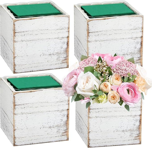 Dandat 4 Sets Wooden Cube Planter Boxes for Centerpiece 4 Inch Flower White Wood Rustic Square Vase with Removable Plastic Liner Floral Foam Block for Garden Wedding Christmas Home Arrangement Decor