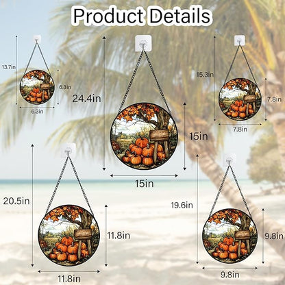 Stained Glass Window Hanging Fall Farm Scenery Maple Trees Pumpkin 7.8" - Suncatcher Door Garden Kitchen Sun Catcher Autumn Decor Birthday for Mom Nana Men Woman Friend