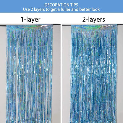 Foil Fringe Curtains Party Decorations - Melsan 3 Pack 3.2 x 8.2 ft Tinsel Curtain Party Photo Backdrop for Birthday Party Baby Shower or Graduation Decorations Light Blue