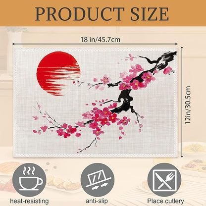 Japanese Cherry Blossom Placemats Set of 6, Linen Table Mats, Woven Table Mats for Dining Room, Washable & Wrinkle Resistant, Farmhouse Kitchen Decor