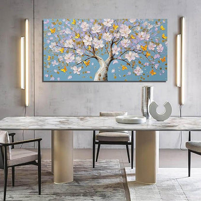 Purple Blossom Tree with Butterflies Canvas Wall Art with Gold Accents, Blue Background Abstract Picture for Living Room Bedroom Wall Decor Printed Painting Artwork Decoration Large Size 58x29 Inches