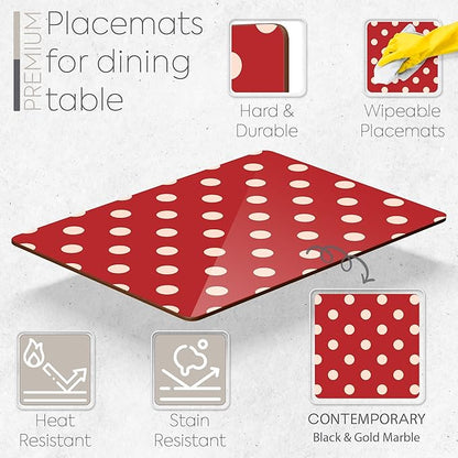 Set of 4 Heat Resistant Cork Placemats for Dining Table with Free Set of 4 Matching Drink Coasters Cream & Red Polkadot Design 16 x 12 Inches Cork Backed Hard Placemats (Red Polkadot)