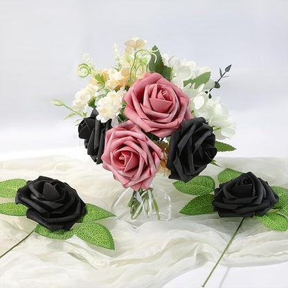 Meldel Artificial Flower 25pcs Real Touch Black Rose Fake Foam Roses with Stems for DIY Wedding Bouquets Gifts Bridal Shower Faux Floral Centerpieces Arrangements Home Party Tables Decorations