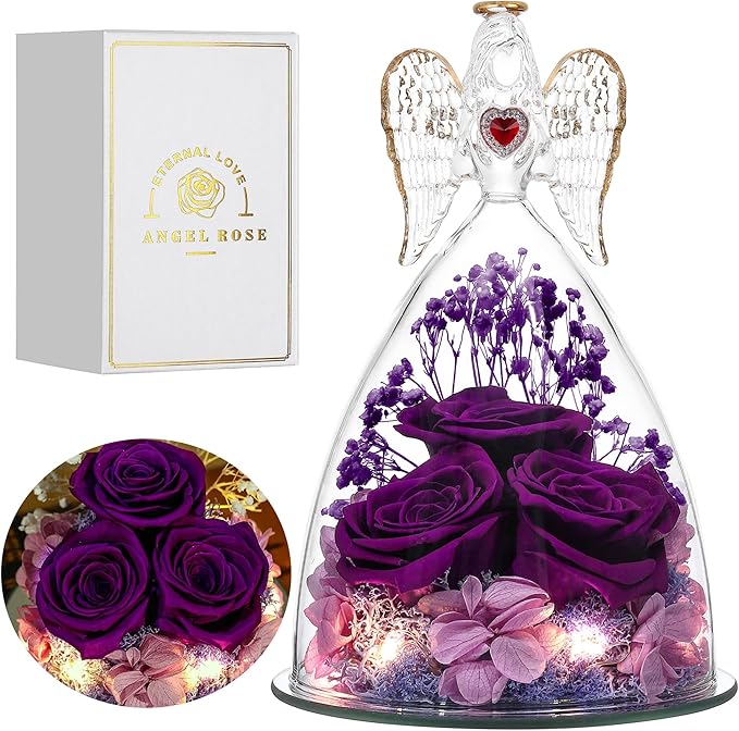 Mothers Day Rose Gifts for Women, Large Angel Figurines with Real Roses, Preserved Real Flower Rose for Her,Full Purple