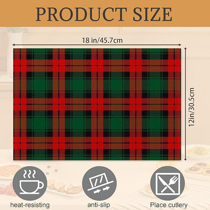 Christmas Plaid Placemats Set of 6,Washable Heat Resistant 12×18 Inch Linen Table Mats Green Red Place Mats for Party Outdoor Dining Décor