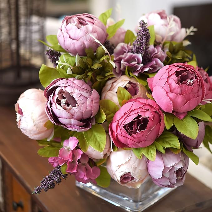 FiveSeasonStuff Vintage Artificial Peonies Silk Peony Flowers and Hydrangeas for Wedding Bridal Home Décor – Beautiful Floral Centerpiece Arrangement Decoration with 2 Bouquets (Mixed Pink)