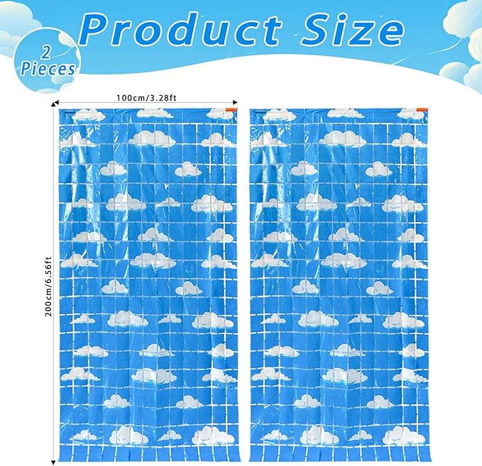 Blue Sky White Clouds Birthday Party Decorations 2 Pack Clouds Foil Fringe Curtains 3.28 x 6.56Ft Cartoon Story Tinsel Streamers Curtain Backdrop Birthday Baby Shower Cloud Theme Photo Booth Backdrop