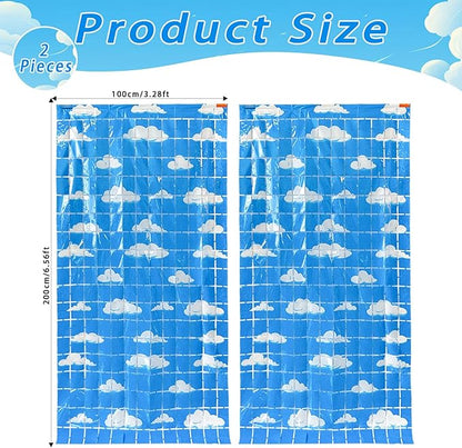 Blue Sky White Clouds Birthday Party Decorations 2 Pack Clouds Foil Fringe Curtains 3.28 x 6.56Ft Cartoon Story Tinsel Streamers Curtain Backdrop Birthday Baby Shower Cloud Theme Photo Booth Backdrop