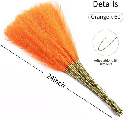 Faux Orange Pampas Grass - 60 pcs 24 Inch Artificial Pampas Grass Decor, Tall Pampas Grass for Floor Vase, Table Centerpieces, Wedding, Party and Living Room Decor (Orange, 60 Pieces)