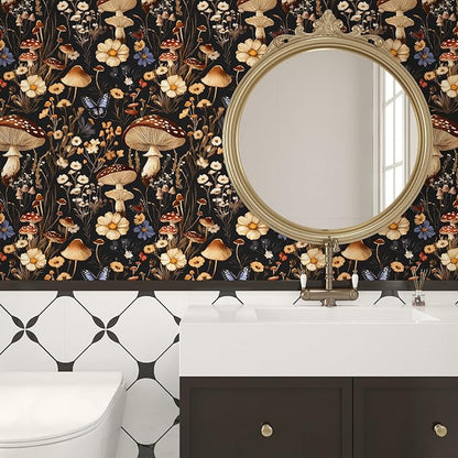 Peel and Stick Wallpaper Mushroom Wallpaper Vintage Floral Contact Paper Leaf Wall Paper for Shelf Liner Backsplash Living Room Renter Friendly Removable 17.5 x 118In