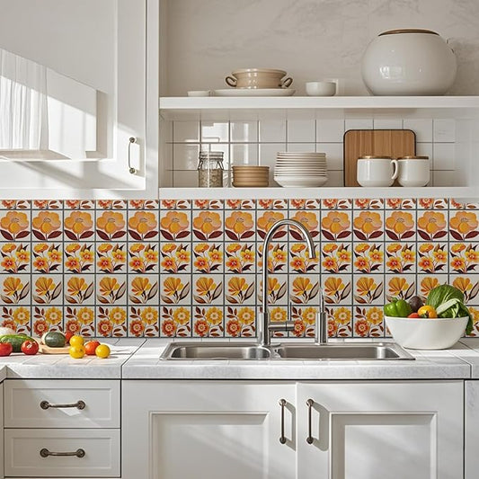 CHGCRAFT 36 Pcs 4 Style Wall Stickers Orange Flowers Peel and Stick Wall Tile Sticker Art Flowers Waterproof Self Adhesive Stick on Tile Decals for Kitchen Bathroom Art Decor, 4×4 Inch