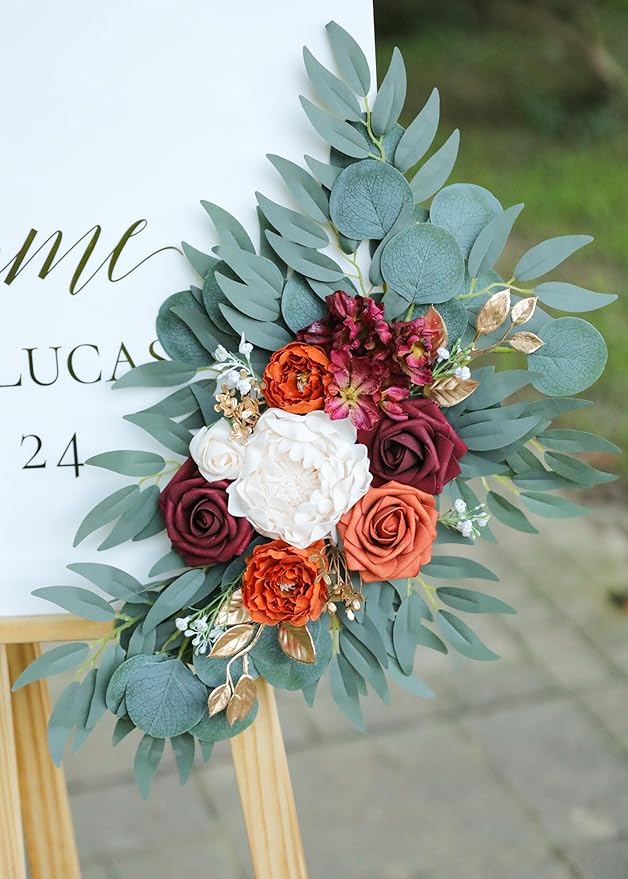 Artificial Burnt Orange Wedding Arch Flowers Swags (Set of 2) for Welcome Signs Floral and Wedding Church Decoration Ceremony, Anniversary, etc, Burgundy Roses Flowers